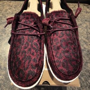 Hey Dude Burgundy and Black Animal Print Loafers